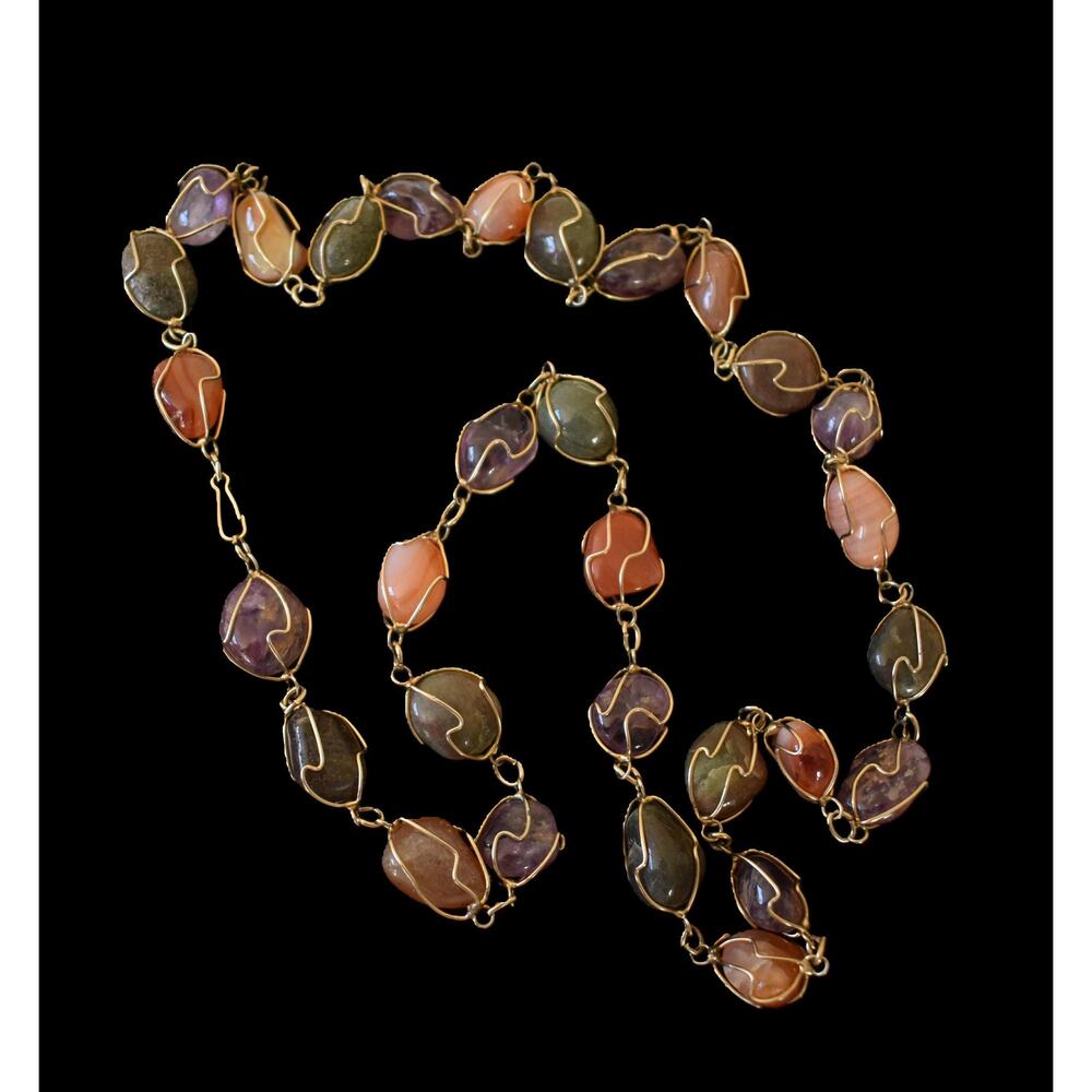 Vintage 80's Wire Wrapped Multi Stone Agate Necklace - 30 Inch Single Strand